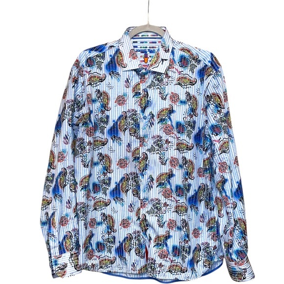 Visconti Black Button down CottonShirt Blue & white Check w/ multicolor print - Picture 1 of 6